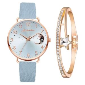 Light Blue Strap Watch and Bangle Set