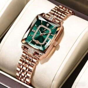 Rectangular Rose Gold Watch with Green Dial