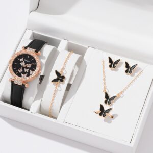 Black Dial Watch and Butterfly Jewelry Set